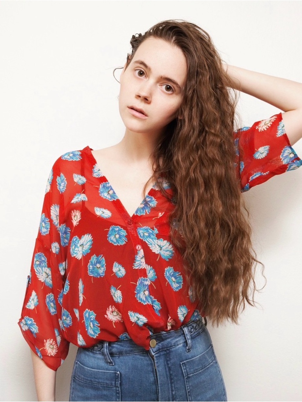 Pins & Needles Red Floral V-Neck Blouse with Blue Accents